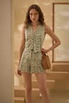 Buy_Label Deepika Nagpal_Green Flora Mesh Embroidered Lace V Neck Vest And Shorts Set _at_Aza_Fashions