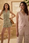 Label Deepika Nagpal_Green Flora Mesh Embroidered Lace V Neck Vest And Shorts Set _Online_at_Aza_Fashions