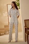 Label Deepika Nagpal Blue Flannel Lace, Cut Work Collared Floral Mesh Cutout Shirt And Pant Set at Aza Fashions Label Deepika Nagpal_Blue Flannel Lace, Cut Work Collared Floral Mesh Cutout Shirt And Pant Set _at_Aza_Fashions