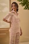 Shop Label Deepika Nagpal Pink Cotton, Collared Candy Flora Mesh Shirt And Pant Set Online at Aza Fashions Shop_Label Deepika Nagpal_Pink Cotton, Collared Candy Flora Mesh Shirt And Pant Set _Online_at_Aza_Fashions