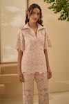 Label Deepika Nagpal Pink Cotton, Collared Candy Flora Mesh Shirt And Pant Set at Aza Fashions Label Deepika Nagpal_Pink Cotton, Collared Candy Flora Mesh Shirt And Pant Set _at_Aza_Fashions