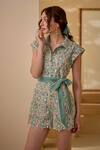 Label Deepika Nagpal_Green Forest Mesh Embroidery Lace Collar Floral Romper With Belt _at_Aza_Fashions