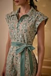 Buy_Label Deepika Nagpal_Green Forest Mesh Embroidery Lace Collar Floral Romper With Belt 