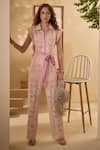 Buy_Label Deepika Nagpal_Pink Flora Mesh Embroidery Lace Collar Candy Jumpsuit With Belt _at_Aza_Fashions