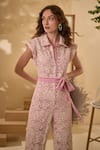 Label Deepika Nagpal_Pink Flora Mesh Embroidery Lace Collar Candy Jumpsuit With Belt _Online_at_Aza_Fashions