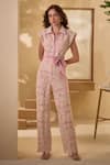 Shop_Label Deepika Nagpal_Pink Flora Mesh Embroidery Lace Collar Candy Jumpsuit With Belt _Online_at_Aza_Fashions