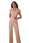 Label Deepika Nagpal_Pink Flora Mesh Embroidery Lace Collar Candy Jumpsuit With Belt _at_Aza_Fashions