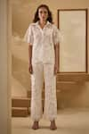 Label Deepika Nagpal_White Iris Mesh Embroidered Lace Collared Detailed Shirt With Pant _Online_at_Aza_Fashions