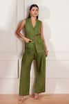 Buy_tara and i_Green 100% Hemp Lapel Sleeveless Jacket With Belt _at_Aza_Fashions