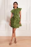 Buy_tara and i_Green 100% Hemp Closed Round Ruffle Mini Dress _at_Aza_Fashions