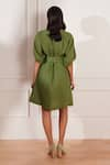 Shop_tara and i_Green 100% Hemp V-neck Pleated Dress With Belt _at_Aza_Fashions