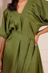 tara and i_Green 100% Hemp V-neck Pleated Dress With Belt _Online_at_Aza_Fashions