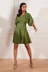 Buy_tara and i_Green 100% Hemp V-neck Pleated Dress With Belt _Online_at_Aza_Fashions