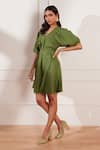 Shop_tara and i_Green 100% Hemp V-neck Pleated Dress With Belt _Online_at_Aza_Fashions