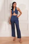 Buy_tara and i_Blue 100% Hemp Straight Fit Pleated Trouser _at_Aza_Fashions