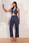 Buy_tara and i_Blue 100% Hemp Straight Fit Pleated Trouser _Online_at_Aza_Fashions