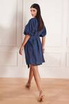 Shop_tara and i_Blue 100% Hemp V-neck Pleated Dress With Belt _at_Aza_Fashions