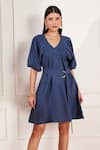 tara and i_Blue 100% Hemp V-neck Pleated Dress With Belt _Online_at_Aza_Fashions