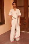 Buy_Urbankali_Off White Cotton Flex Plain V-neck Aster Asymmetric Criss Cross Top With Pant _at_Aza_Fashions