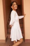 Urbankali_White Cotton Cambric Embroidery Mirror Round Kira Yoke Dress _Online_at_Aza_Fashions