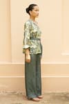 Urbankali_Green Viscose Muslin Print Botanical Lapel Aesha Shirt With Pant _at_Aza_Fashions