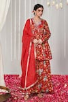 Blooming Threads_Red Kurta And Sharara Georgette Printed Floral V Neck Bagicha Embroidered Set _Online_at_Aza_Fashions