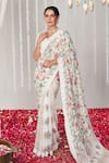 Buy_Blooming Threads_White Saree Georgette Printed Floral V Neck Bagicha With Blouse _at_Aza_Fashions