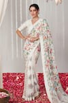 Blooming Threads_White Saree Georgette Printed Floral V Neck Bagicha With Blouse _Online_at_Aza_Fashions