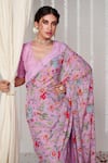 Buy_Blooming Threads_Purple Saree Georgette Printed Floral V Neck Bagicha With Blouse _Online_at_Aza_Fashions