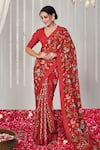 Buy_Blooming Threads_Red Saree Georgette Printed Floral V Bagicha Polka Dot Border With Blouse _at_Aza_Fashions