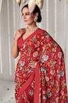 Blooming Threads_Red Saree Georgette Printed Floral V Bagicha Polka Dot Border With Blouse _Online_at_Aza_Fashions