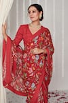 Buy_Blooming Threads_Red Saree Georgette Printed Floral V Bagicha Polka Dot Border With Blouse _Online_at_Aza_Fashions