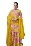 Blooming Threads_Yellow Kurta And Sharara Cotton Silk Printed Floral V Nargis Straight Set _Online_at_Aza_Fashions