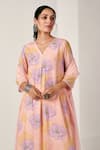 Blooming Threads_Pink Cotton Silk Print Bloom V Neck Bagicha Blossom Kurta Pant Set _Online_at_Aza_Fashions