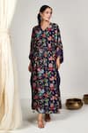 Buy_Blooming Threads_Blue Cotton Silk Print Bagicha Gul V Neck Gullista Kaftan _at_Aza_Fashions