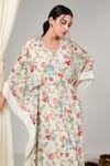 Blooming Threads_White Cotton Silk Print Bagicha Gul V Neck Gulbahar Kaftan _Online_at_Aza_Fashions