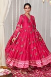 Buy_Blooming Threads_Pink Georgette Print Bagicha Phool V Neck Bloom Tiered Angarkha Anarkali Set _at_Aza_Fashions