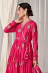 Buy_Blooming Threads_Pink Georgette Print Bagicha Phool V Neck Bloom Tiered Angarkha Anarkali Set _Online_at_Aza_Fashions