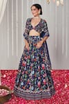 Buy_Blooming Threads_Blue Cotton Silk Print Bagicha Gardenia Plunging V Neck Lehenga Set _at_Aza_Fashions