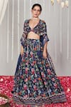 Blooming Threads_Blue Cotton Silk Print Bagicha Gardenia Plunging V Neck Lehenga Set _Online_at_Aza_Fashions