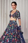 Buy_Blooming Threads_Blue Cotton Silk Print Bagicha Gardenia Plunging V Neck Lehenga Set _Online_at_Aza_Fashions