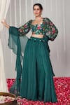 Buy_Blooming Threads_Green Cotton Silk Print Bagicha Petal Square Solid Gathered Flare Lehenga Set _at_Aza_Fashions