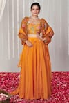 Buy_Blooming Threads_Orange Cotton Silk Print Bagicha Petal Square Neck Gathered Flare Lehenga Set _at_Aza_Fashions