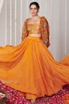 Shop_Blooming Threads_Orange Cotton Silk Print Bagicha Petal Square Neck Gathered Flare Lehenga Set _Online_at_Aza_Fashions