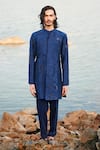 Buy_Mishru_Blue Sherwani Raw Silk Embroidery Bead Carvi Sea Set _at_Aza_Fashions