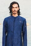 Shop_Mishru_Blue Sherwani Raw Silk Embroidery Bead Carvi Sea Set _at_Aza_Fashions