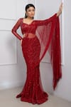 Buy_Smriti by Anju Agarwal_Red Net Embellished Sequin Sweetheart Bead Pre-draped Saree With Blouse _at_Aza_Fashions