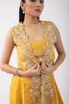 Shop_Smriti by Anju Agarwal_Yellow Blouse And Cape Organza Floral Embroidered Sheer Pleated Flared Pant Set _at_Aza_Fashions