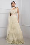 Buy_Smriti by Anju Agarwal_White Satin Embellished Seqiun Cape Band Pearl Sequined Pleated Lehenga Set _at_Aza_Fashions