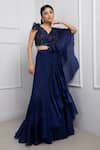 Buy_Smriti by Anju Agarwal_Blue Lehenga Saree Chinnon Embellished Layered Pre-draped Ruffle With Blouse _at_Aza_Fashions